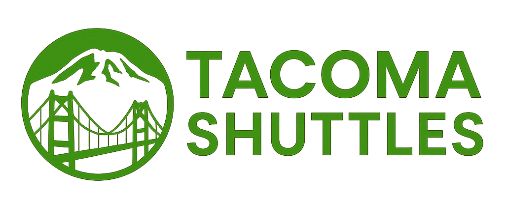 Tacoma Shuttles logo with green circle emblem of Tacoma Narrows Bridge and Mount Rainier, wordmark on the right